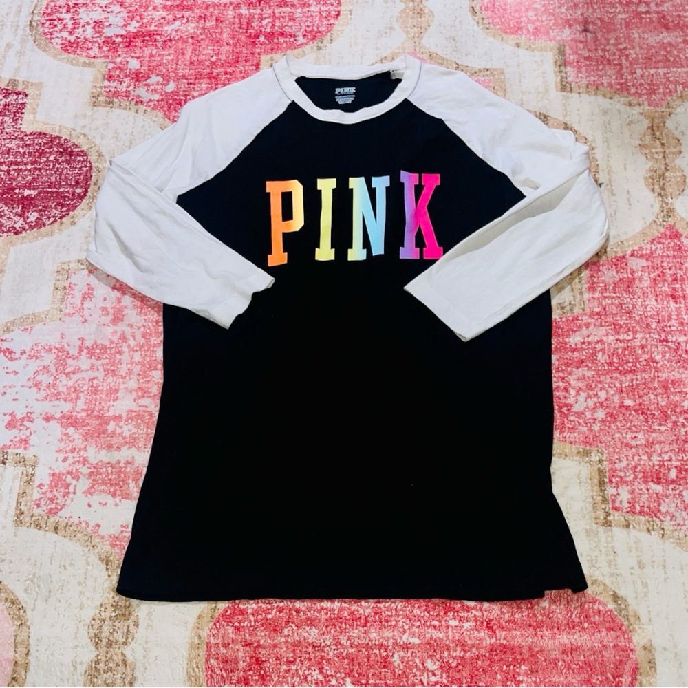 Women’s Victoria’s Secret PINK Rainbow Lettering Baseball Style Tee sz XS